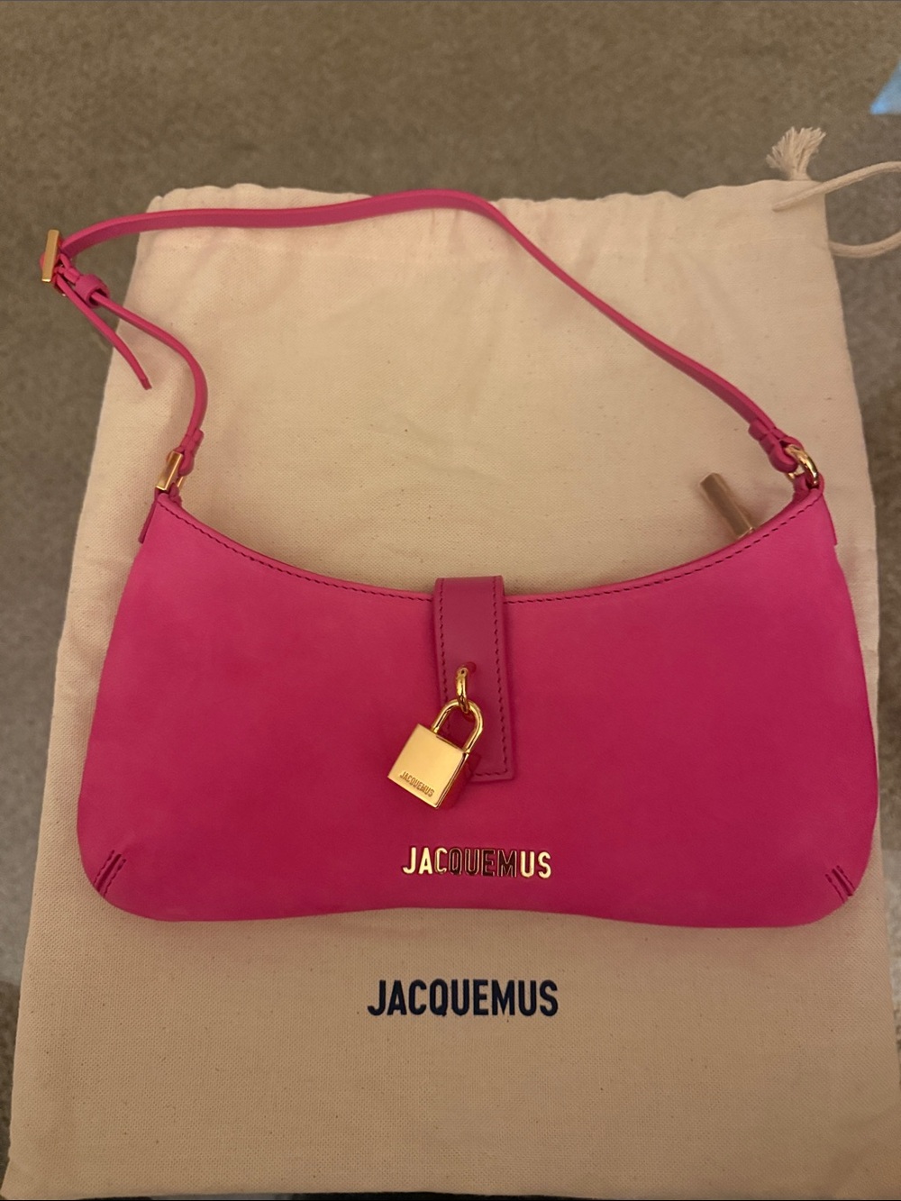 Jacquemus Authentic Hot Pink Shoulder Bag with Gold Padlock
